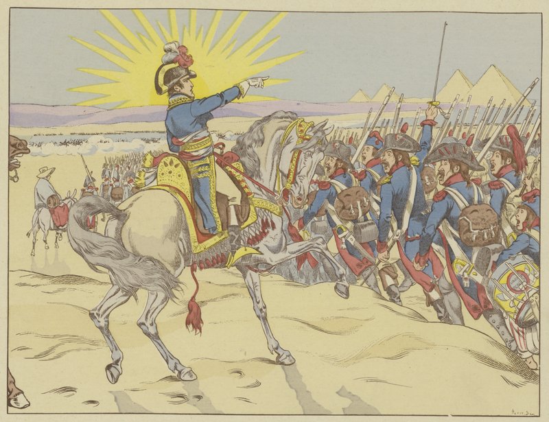 Napoleon inspireert zijn troepen bij de Slag bij de Piramides, Egypte, 21 juli 1798 door Onfray de Breville Job