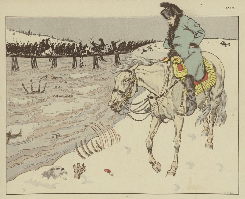 Napoleon kijkt naar de overblijfselen van zijn Grande Armée die de rivier de Berezina oversteken tijdens de terugtocht uit Moskou, 1812 door Onfray de Breville Job