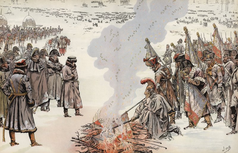 Napoleons Russische campagne, het verbranden van de standaarden, 23 november 1812 door Onfray de Breville Job