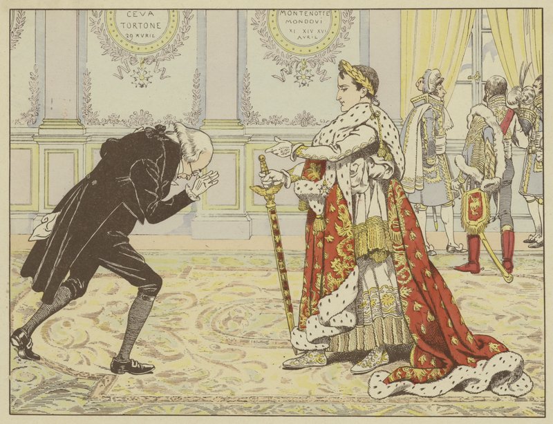 Op de ochtend van zijn kroning, zag Napoleon de notaris van Josephine en zei lachend: Nou, Meester Ragideau, hier is de mantel! En hier is het zwaard! door Onfray de Breville Job