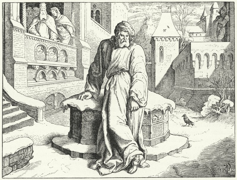 De Heilige Roomse Keizer Hendrik IV in de binnenplaats van het Kasteel van Canossa, Italië vermomd als boeteling om vergiffenis te vragen aan Paus Gregorius VII, 1077 door Oskar Pletsch