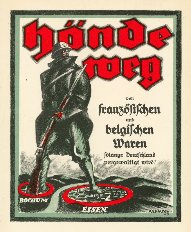 Duitse propagandaposter tegen de bezetting van het Ruhrgebied door Franse en Belgische troepen na de Eerste Wereldoorlog door Oskar Frenzel