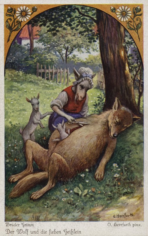 Scène uit De wolf en de zeven geitjes, door de gebroeders Grimm door Oskar Herrfurth