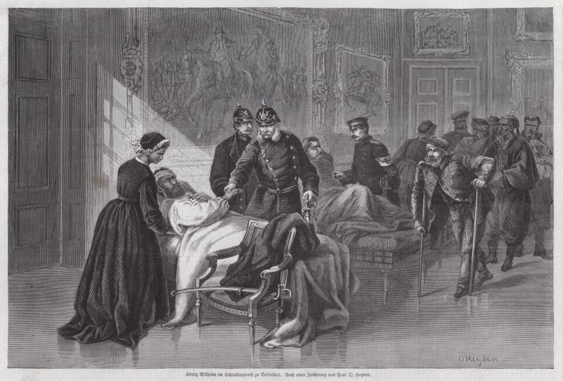 Koning Wilhelm I van Pruisen ontmoet gewonde soldaten in het Palais de Versailles, Frankrijk, Frans-Pruisische Oorlog door Otto Johann Heinrich Heyden