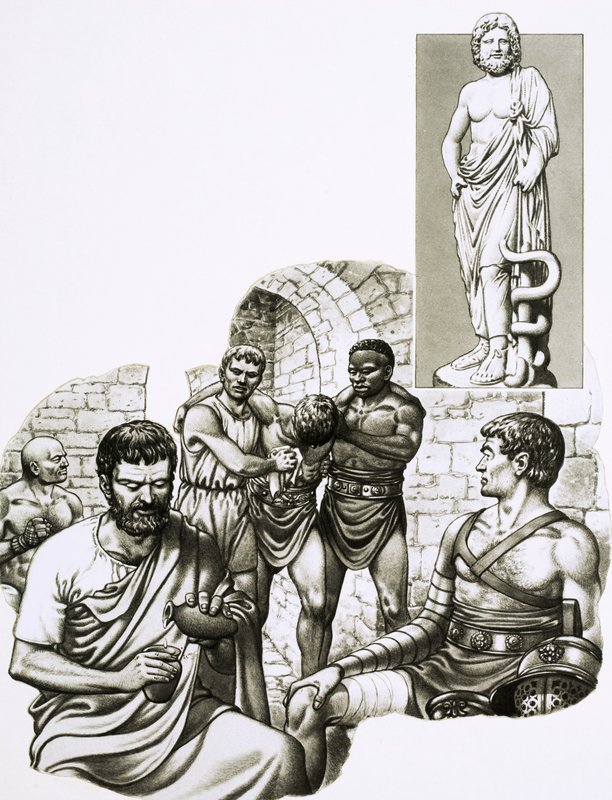 Een arts bij de gladiatorenspelen lapt overlevenden op door Pat (1907-95) Nicolle