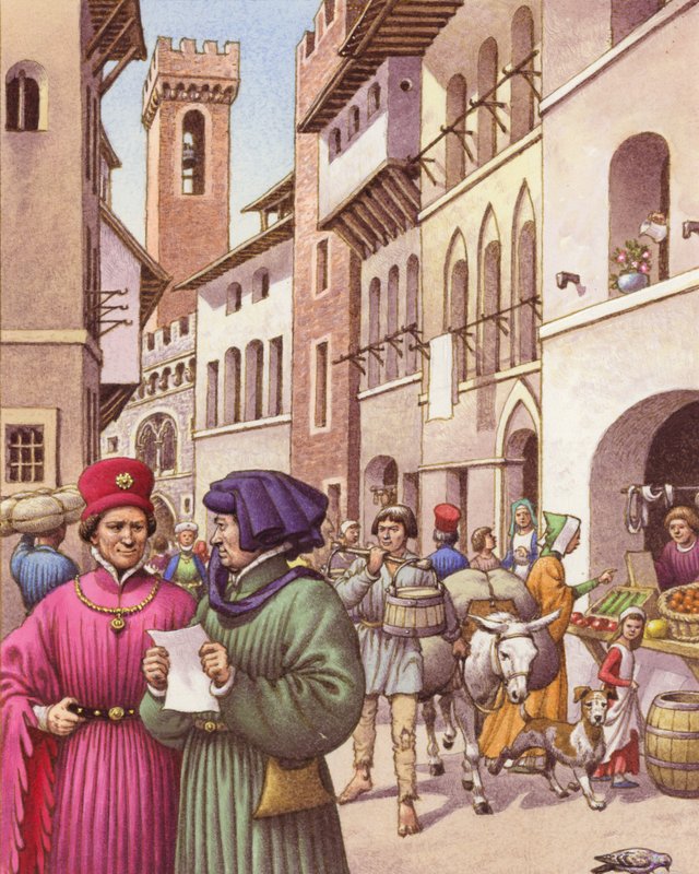 Een typisch straatbeeld in Florence in de vroege 15e eeuw (gouache op papier) door Pat (1907-95) Nicolle
