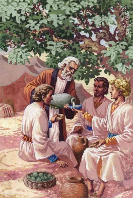 Abraham vermaakt de drie vreemdelingen (gouache op papier) door Pat (1907-95) Nicolle