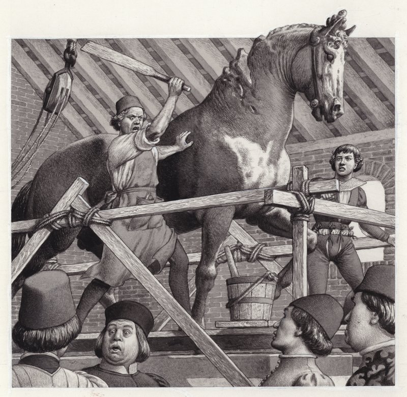 Andrea Verrocchio slaat het hoofd van zijn standbeeld van een paard (gouache op papier) door Pat (1907-95) Nicolle