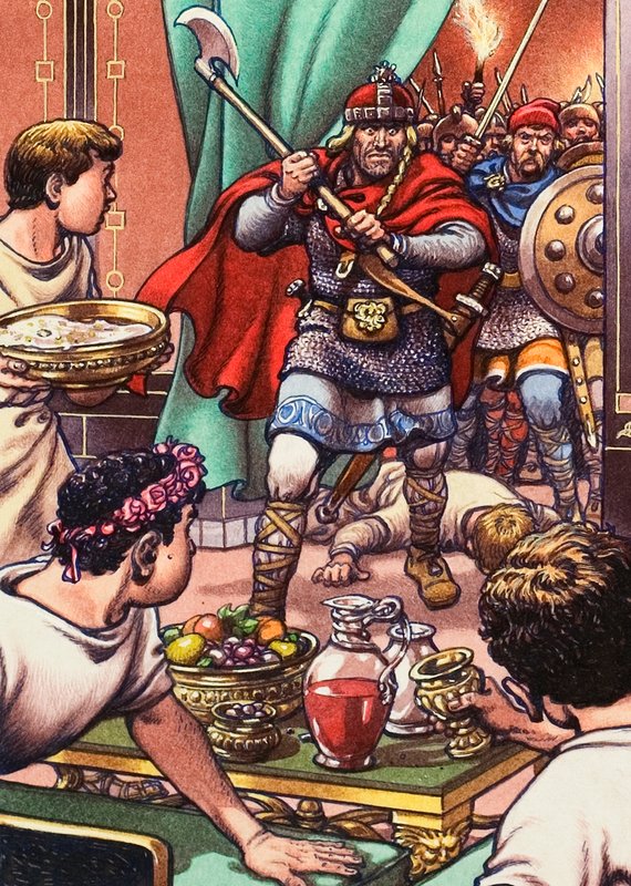 Barbaren vallen een Romano Brits diner binnen door Pat (1907-95) Nicolle
