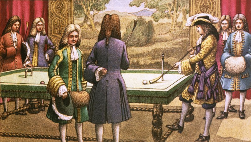 Biljart, gespeeld door Louis XIV in Versailles door Pat (1907-95) Nicolle