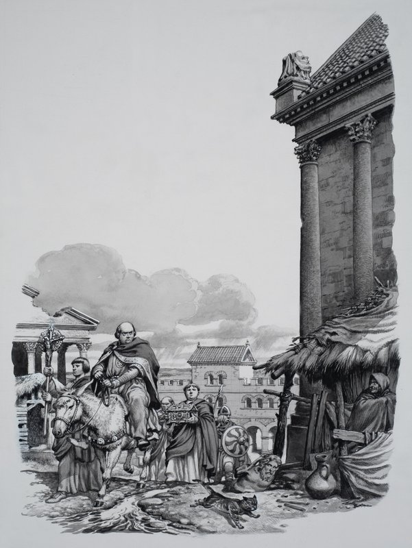 Bisschop Mellitus (geb. 624) bij aankomst in Londen (gouache op papier) door Pat (1907-95) Nicolle