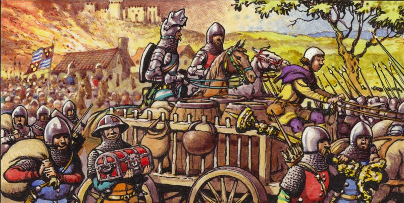 Het verbranden van de stad Bar-sur-Seine in 1359 (gouache op papier) door Pat (1907-95) Nicolle