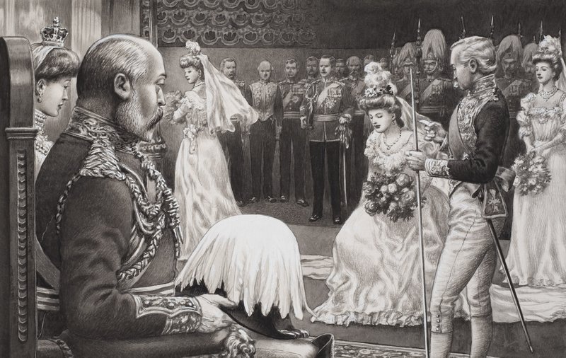 Debutantes gepresenteerd aan Edward VII (1844-1925) en koningin Alexandra (1841-1910) (gouache op papier) door Pat (1907-95) Nicolle