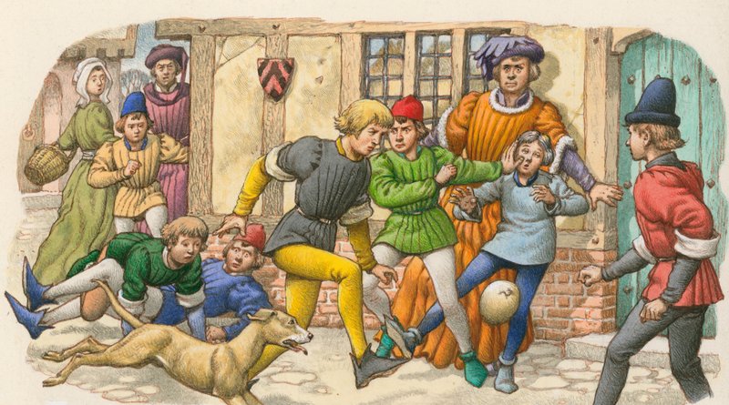 Spel dat lijkt op voetbal in de Middeleeuwen (gouache op papier) door Pat (1907-95) Nicolle
