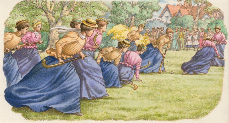 Hockey, gespeeld door vrouwen in lange rokken (gouache op papier) door Pat (1907-95) Nicolle