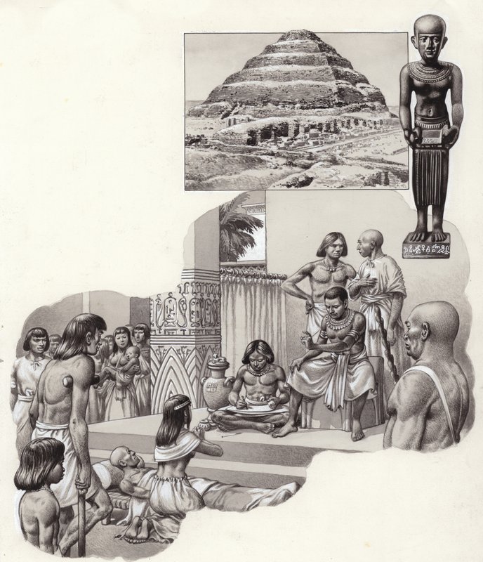 Imhotep "de goede arts" geeft advies aan een zieke man (gouache op papier) door Pat (1907-95) Nicolle