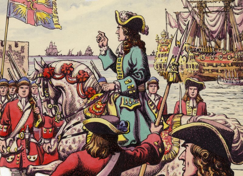 Koning Willem III landt bij Carrickfergus (gouache op papier) door Pat (1907-95) Nicolle