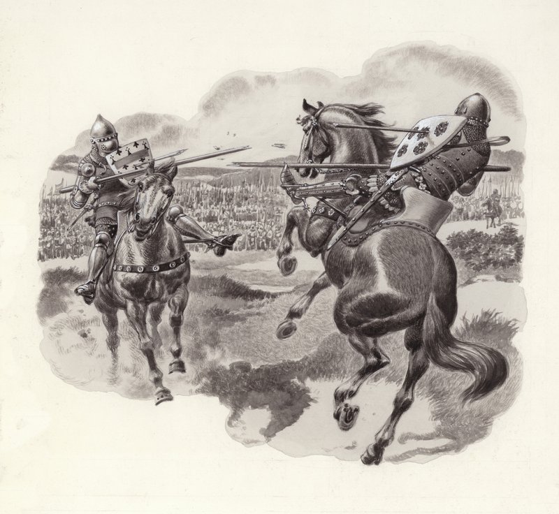 Ridders bij de Slag om Poitiers (gouache op papier) door Pat (1907-95) Nicolle