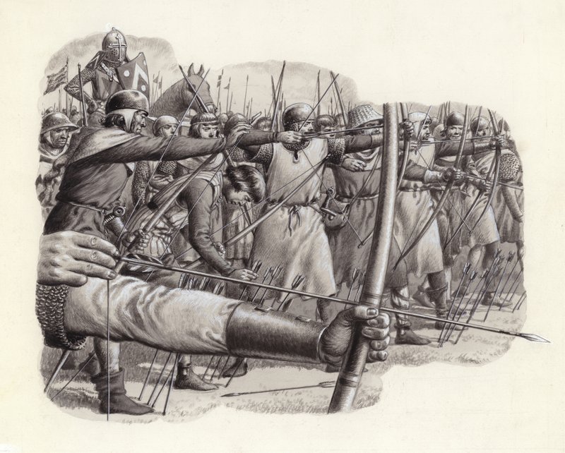 Langboogschutters bij de Slag om Falkirk (gouache op papier) door Pat (1907-95) Nicolle