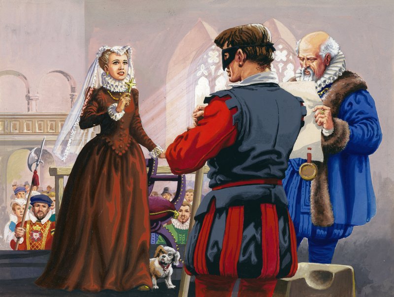 Mary Queen of Scots op het punt onthoofd te worden in Fotheringay Castle (gouache op papier) door Pat (1907-95) Nicolle