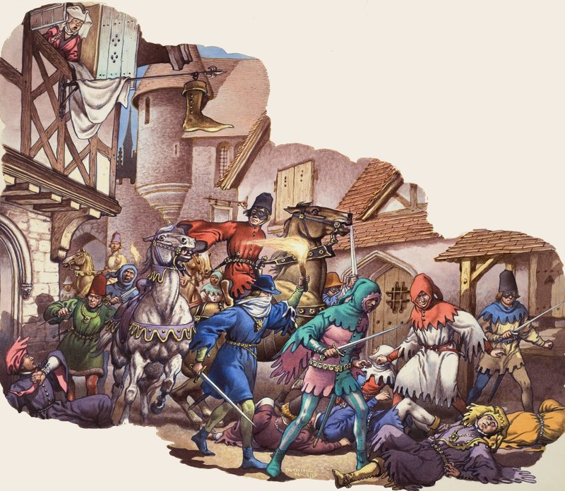 Moord op Lodewijk (1372-1407) hertog van Orléans tijdens de Honderdjarige Oorlog (gouache op papier) door Pat (1907-95) Nicolle