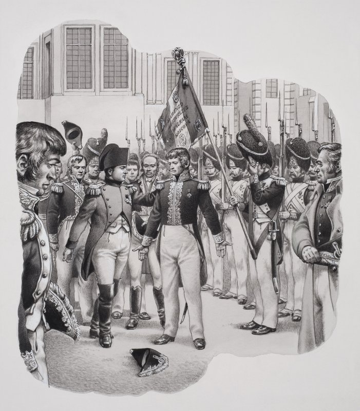 Napoleon (1769-1821) op weg naar ballingschap (gouache op papier) door Pat (1907-95) Nicolle