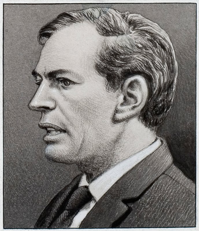 Professor Christiaan Barnard (gouache op papier) door Pat (1907-95) Nicolle