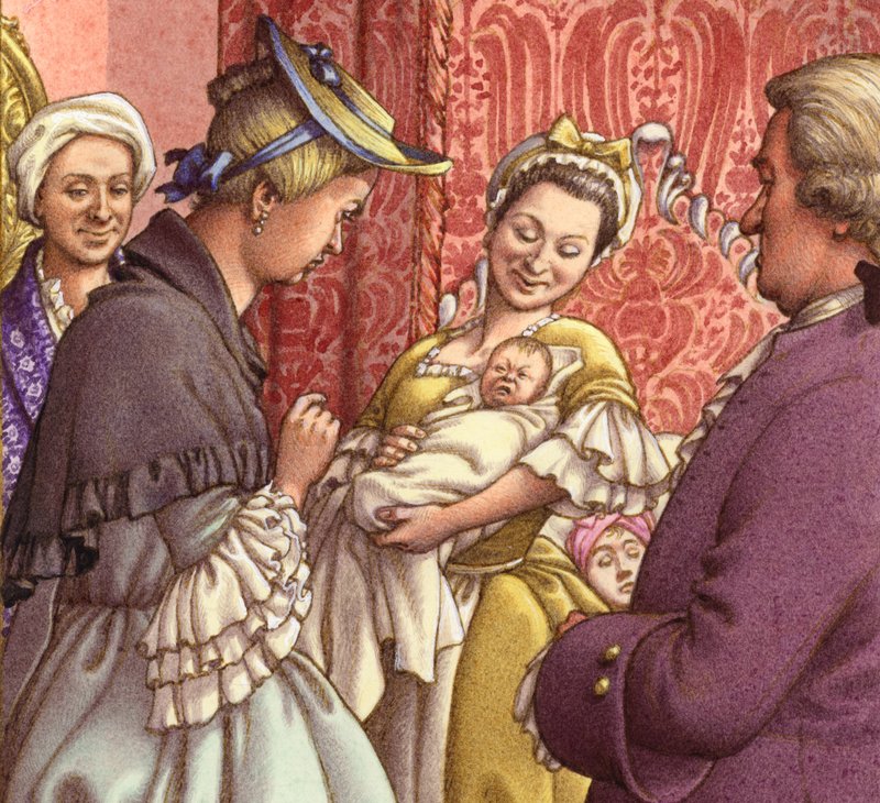 Koningin Caroline houdt haar kleindochter vast (gouache op papier) door Pat (1907-95) Nicolle
