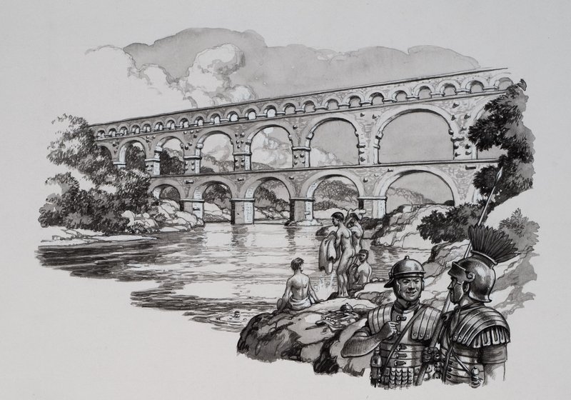 Romeins aquaduct (gouache op papier) door Pat (1907-95) Nicolle