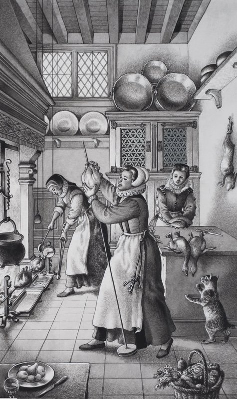 Zestiende-eeuwse keuken (gouache op papier) door Pat (1907-95) Nicolle