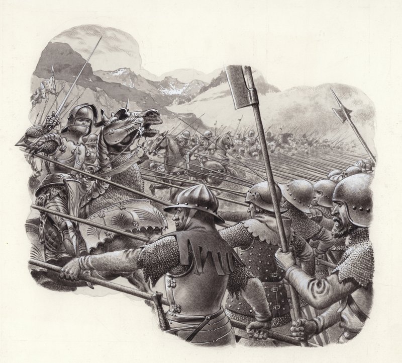 Zwitserse infanterie in de 15e eeuw (gouache op papier) door Pat (1907-95) Nicolle