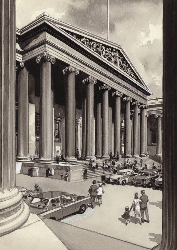 Het British Museum in de jaren 1960 (gouache op papier) door Pat (1907-95) Nicolle
