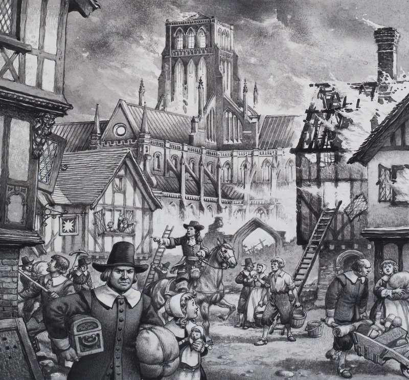 De grote brand van Londen (gouache op papier) door Pat (1907-95) Nicolle