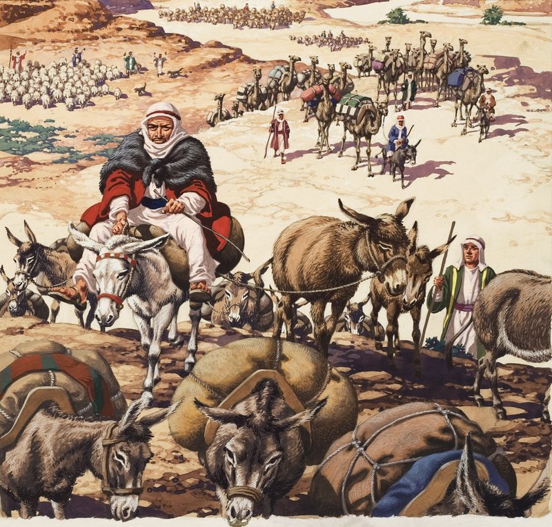 De terugkeer naar Kanaän, uit het verhaal van Jacob (gouache op papier) door Pat (1907-95) Nicolle
