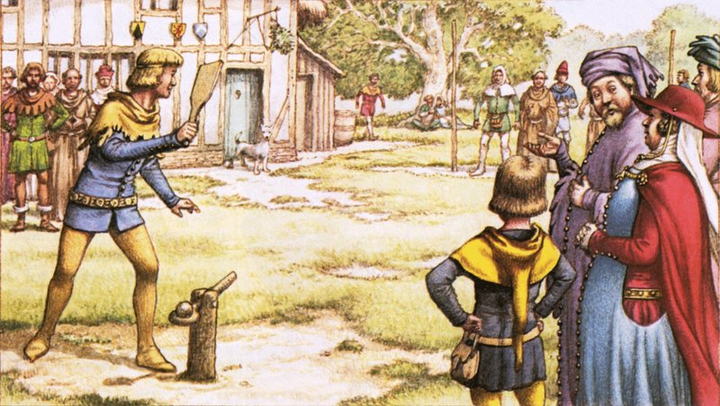Trapbal, zoals de pelgrims van Chaucer hadden kunnen zien door Pat (1907-95) Nicolle