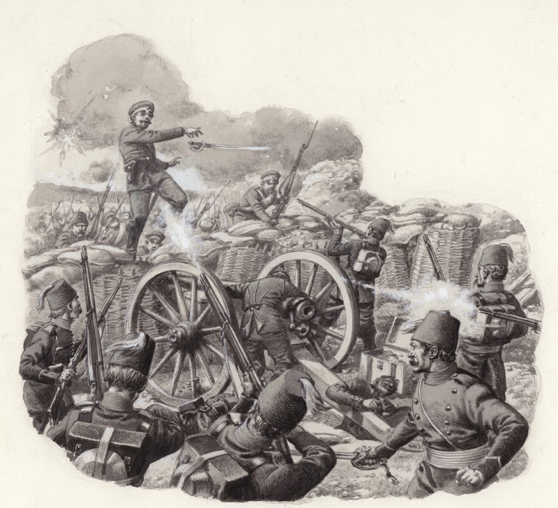 Turken verdedigen hun gehavende aardwerken bij de Grivitza Redoubt (gouache op papier) door Pat (1907-95) Nicolle