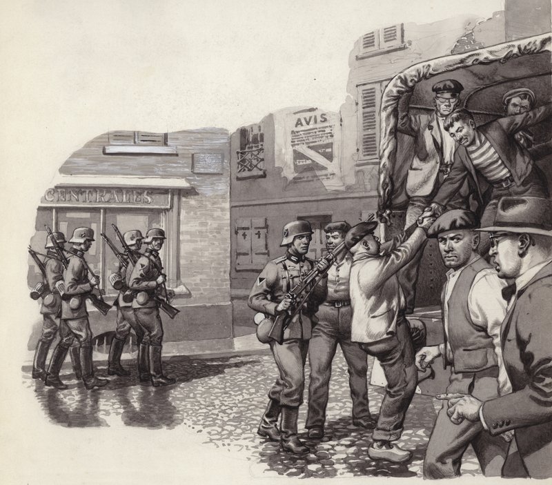 Een Duitse soldaat helpt gevangenen ontsnappen uit een vrachtwagen (gouache op papier) door Pat (1907 95) Nicolle