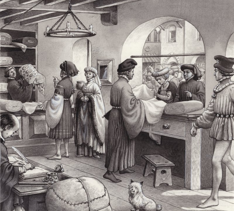 De winkel van een lakenhandelaar in renaissance-Italië (gouache op papier) door Pat (1907 95) Nicolle