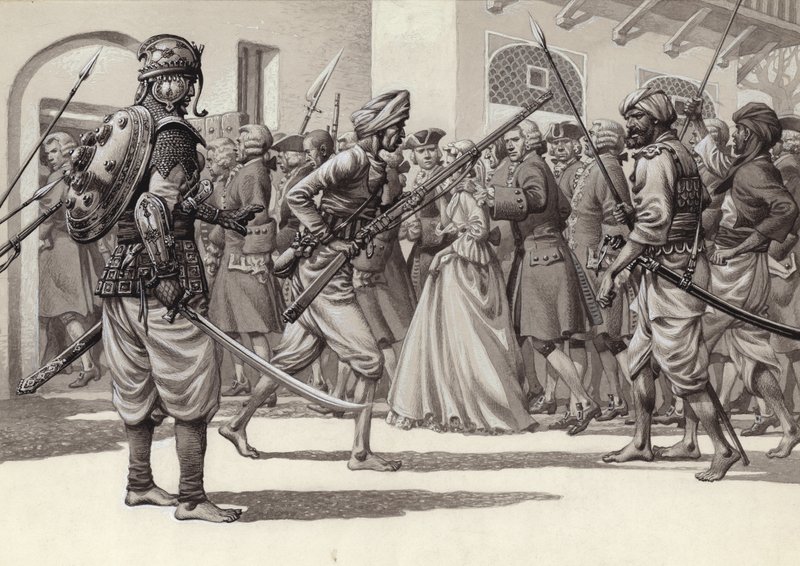 Britse soldaten worden gedwongen in het zwarte gat van Calcutta (gouache op papier) door Pat (1907 95) Nicolle