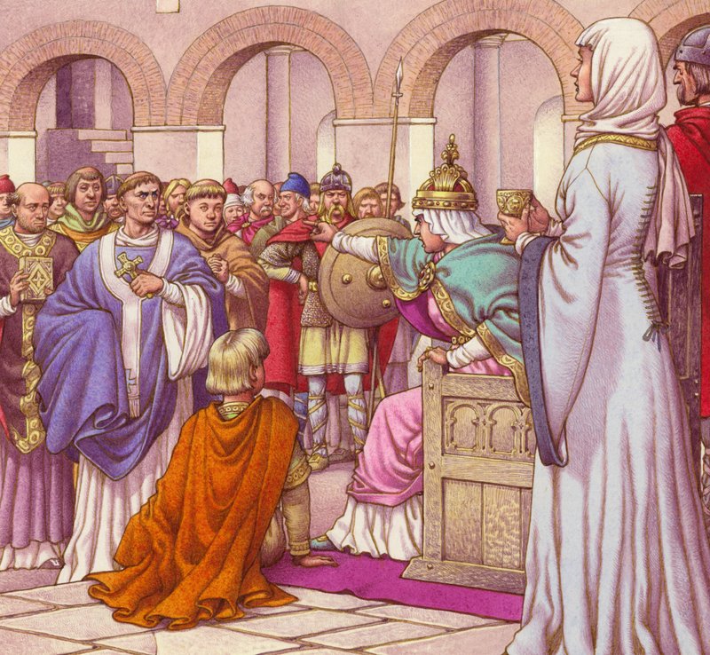 Brunehilda, koningin van de Bourgondiërs, verdrijft Columbanus (gouache op papier) door Pat (1907 95) Nicolle