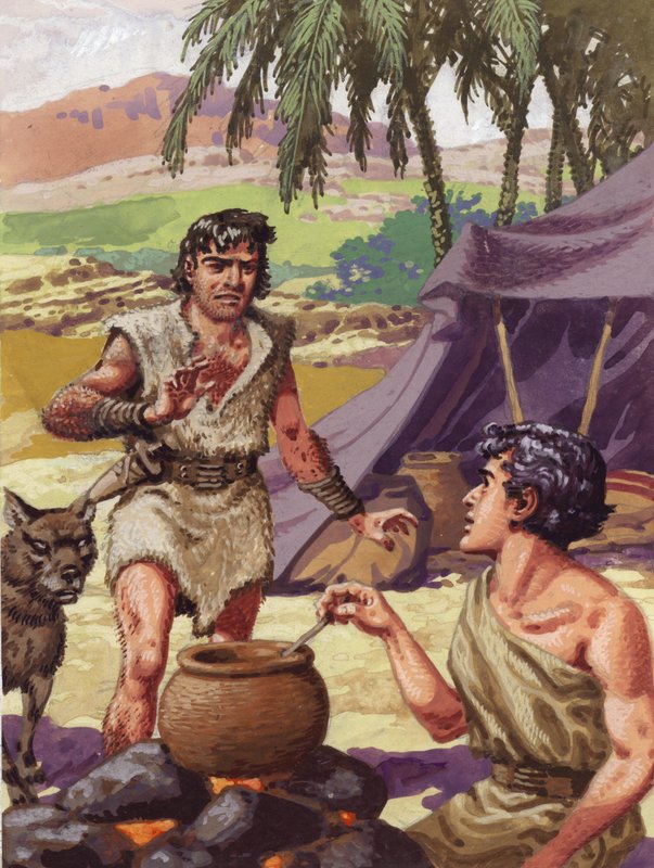 Esau vraagt zijn broer Jacob om eten (gouache op papier) door Pat (1907 95) Nicolle