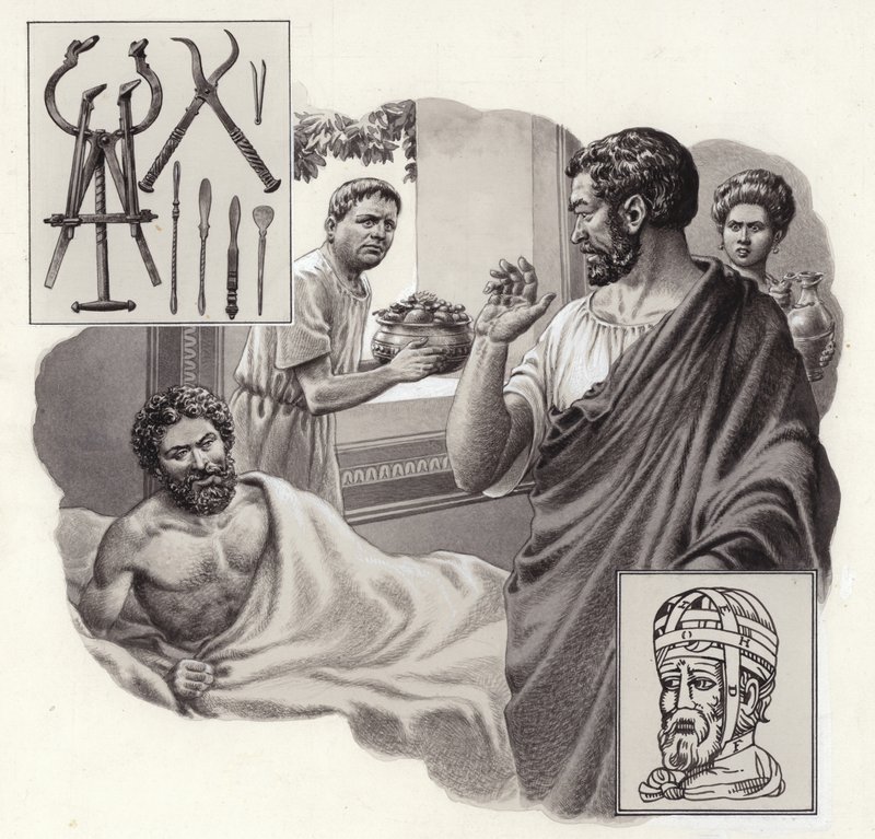 De arts Galen riskeert zijn leven door een Romeinse keizer te vertellen dat hij te veel heeft gegeten (gouache op papier) door Pat (1907 95) Nicolle