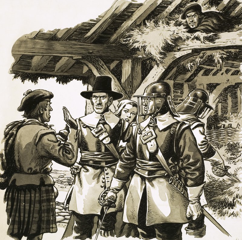 Verborgen op de hooizolder van een boer luisterde de Markies van Montrose toe hoe soldaten naar hem zochten door Pat (1907 95) Nicolle