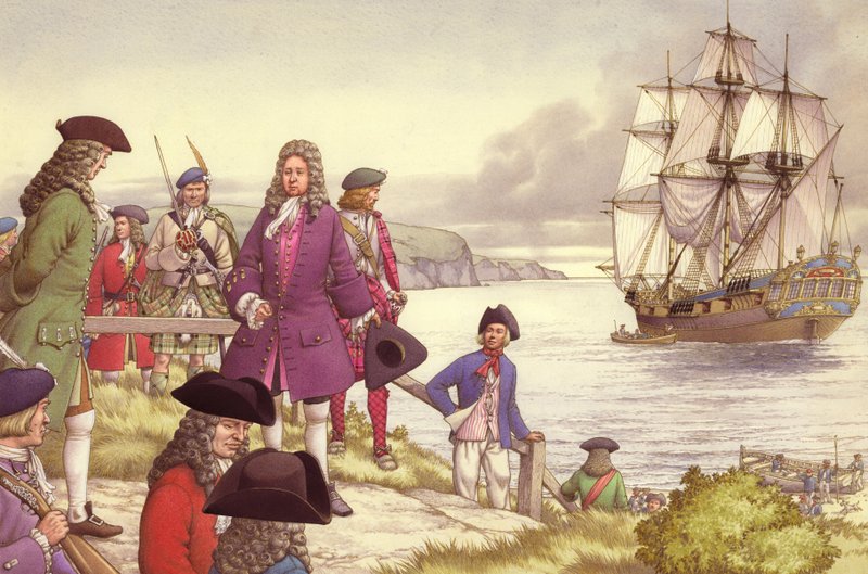 James Edward Stuart, de oude pretendent, vertrekt vanuit Schotland naar Frankrijk (gouache op papier) door Pat (1907 95) Nicolle
