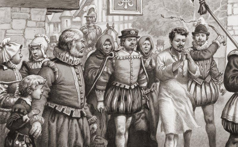 Koning Henri III van Frankrijk doet boete door in een haarhemd door de straten van Parijs te lopen terwijl hij zweepslagen krijgt (gouache op papier) door Pat (1907 95) Nicolle