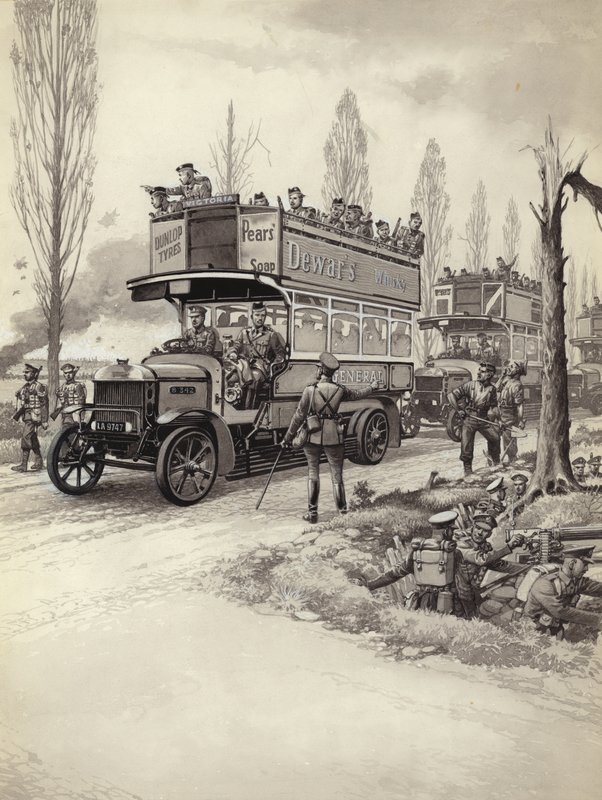Londense bussen die troepen naar het front brachten tijdens WO I (gouache op papier) door Pat (1907 95) Nicolle