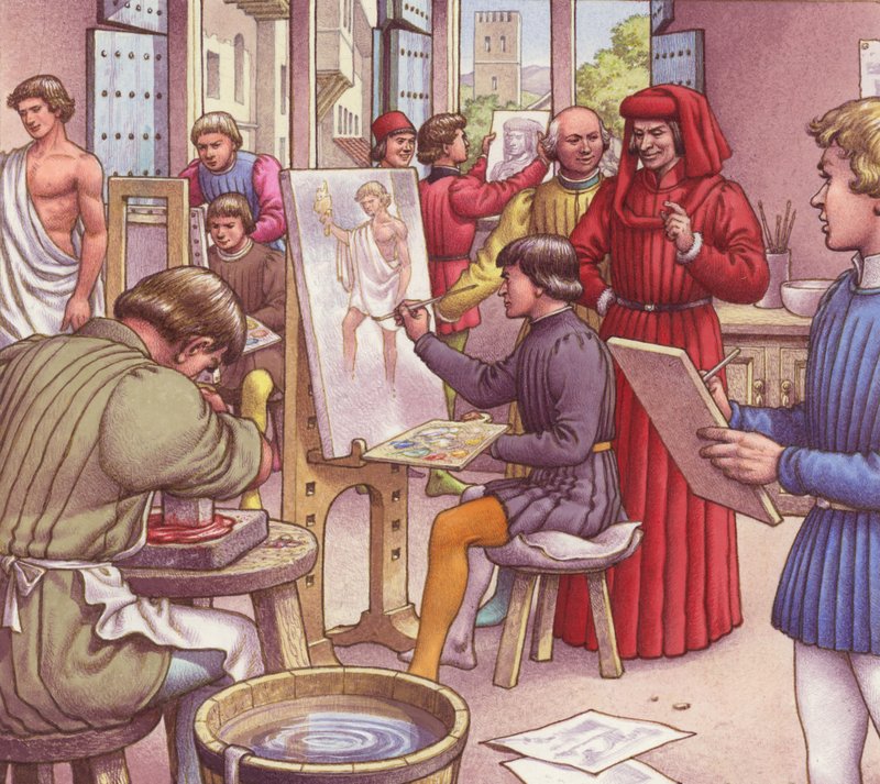 Lorenzo de Medici bezoekt de school voor kunstenaars (gouache op papier) door Pat (1907 95) Nicolle