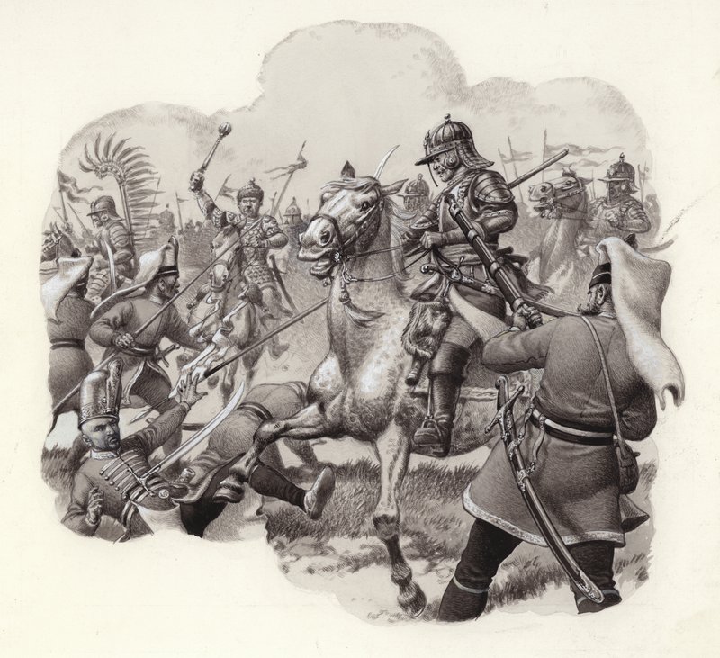 Poolse cavalerie in gevecht met Turkse Janitsarenregimenten bij Wenen in 1683 (gouache op papier) door Pat (1907 95) Nicolle