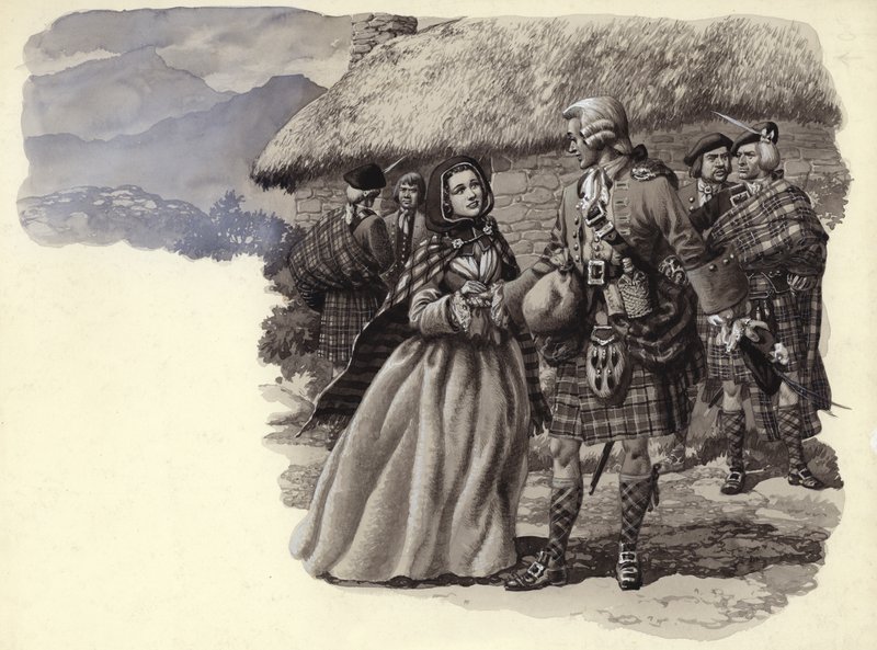Prins Charles Stuart, de jonge pretendent, en Flora Macdonald (gouache op papier) door Pat (1907 95) Nicolle