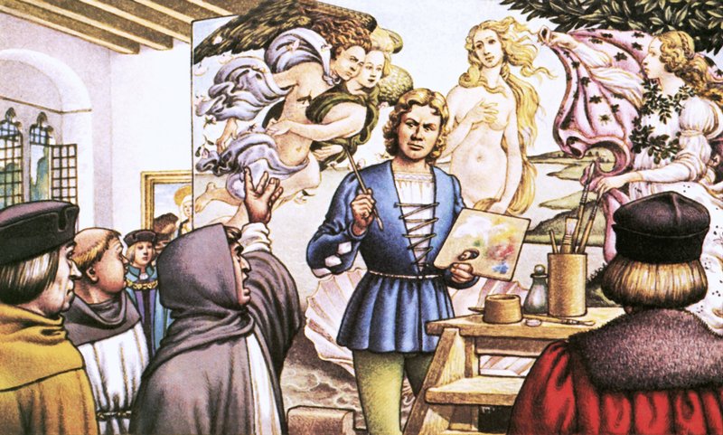 Savonarola hekelt Botticelli voor het schilderen van de Geboorte van Venus door Pat (1907 95) Nicolle